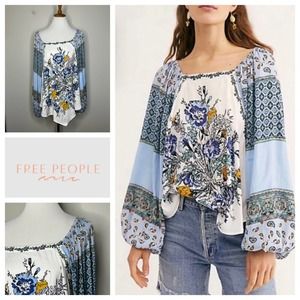 Free People Positano Printed Off Shoulder Peasant Top L